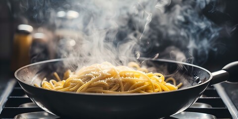 Cooking spaghetti in a wok on the stove with steam rising. Concept Stovetop Cooking, Wok Recipe, Spaghetti Dish, Steamy Preparation, Easy Weeknight Meal