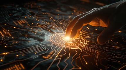 Future Tech Human Touch Interface with Glowing AI Symbol in Digital Circuitry Innovation and Interaction Concept