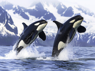 Fototapeta premium Two orcas leaping out of the water, with snow-capped mountains