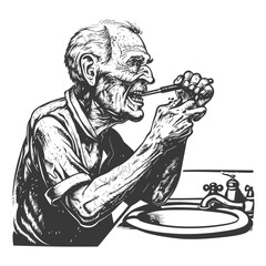elderly man brushing his teeth in front of the sink with engraving style