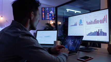 Obraz premium Focused Data Analyst Analyzing Charts and Graphs in Modern Office Setting