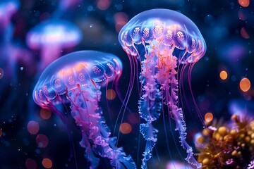 Naklejka premium Luminous Jellyfish Glowing jellyfish in the ocean