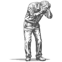 elderly man holding headache in pain with engraving style