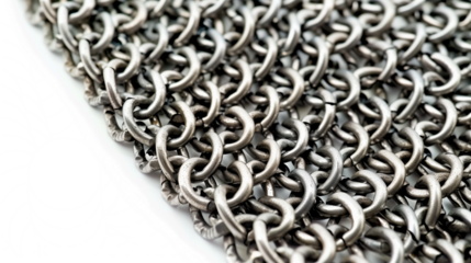 Macro view of interlocking metal chain links. Shiny silver loops form a strong, flexible pattern. Close-up reveals intricate details and textures of the sturdy steel connections.