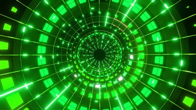 Abstract illustration green neon visual dynamic Loop Background of endless cylindrical tunnel