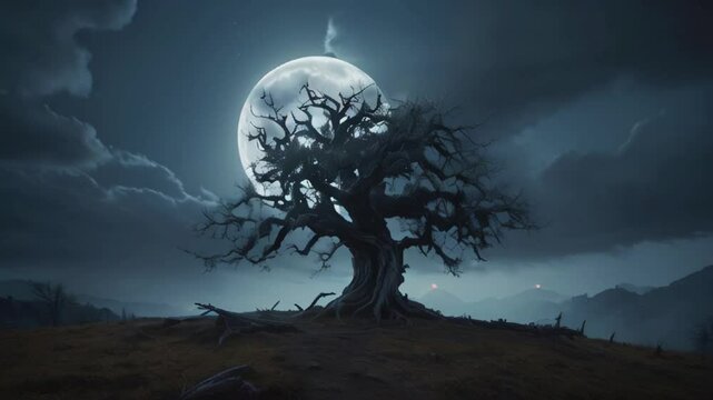 The full moon rose. Casting a shadow over a dead tree. AI generative