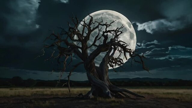 The full moon rose. Casting a shadow over a dead tree. AI generative