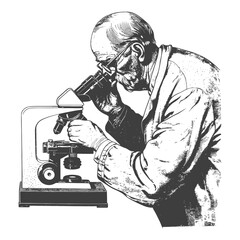 elderly man scientists looking through microscope with engraving style