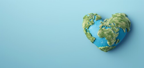 Fototapeta premium Heart-shaped Earth planet on blue background symbolizing global love, environment, sustainability, and peace concept.