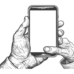 elderly man shows a blank white cellphone or tablet screen