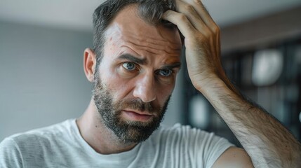 Obraz premium A man with a beard and wearing a casual white t-shirt looks concerned as he touches his head. He is depicted in an indoor setting with blurred background elements.