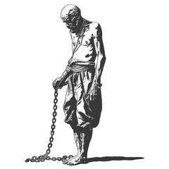 elderly man slave with shackle with engraving style