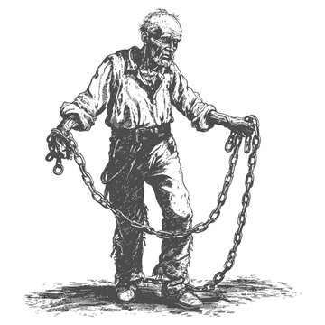 elderly man slave with shackle with engraving style