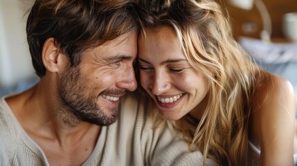 A happy couple is closely positioned, smiling and enjoying each other's company indoors, suggesting intimacy and affection in a warm, relaxed setting.