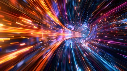 Fototapeta premium Dynamic Technicolor Burst Futuristic Energy and Highspeed Motion in Vibrant Orange Blue and Purple Light Trails