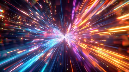 Naklejka premium Dynamic Technicolor Burst Futuristic Energy and Highspeed Motion in Vibrant Orange Blue and Purple Light Trails