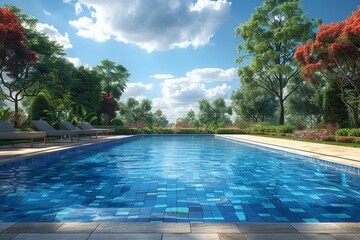 A pristine outdoor swimming pool is surrounded by lush vegetation and lounge chairs, basking in the bright sunlight, offering a perfect spot for relaxation and leisure.
