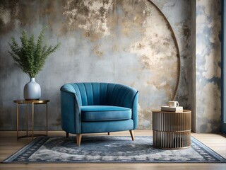 A comfortable blue velvet barrel chair against a mock-up wall of a Venetian plaster wall in a minimalist interior of a modern living room.
