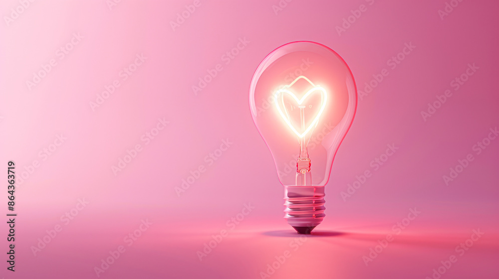 Sticker Illuminating Love Glowing Heart in Light Bulb on Pink Background for Valentine's Day Celebration