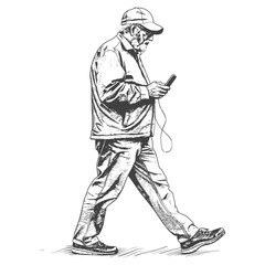 elderly man walking while playing on smartphone with engraving style