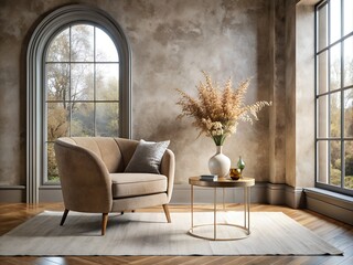 A comfortable beige velvet barrel chair against a mock-up wall of a Venetian plaster wall in a minimalist interior of a modern living room.