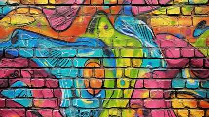 Fototapeta premium A colorful mural painted on a brick wall