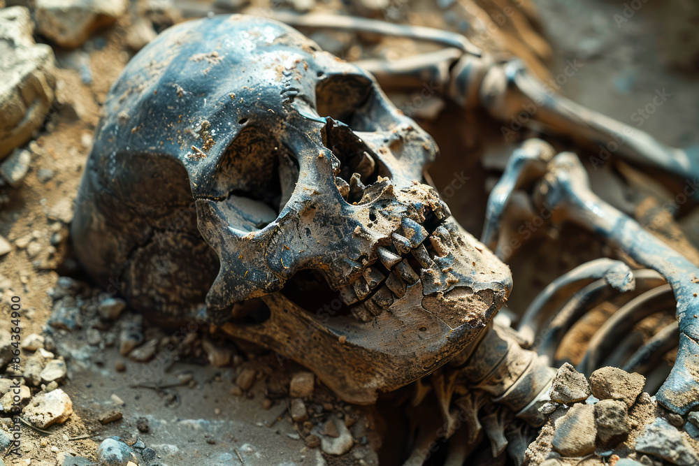 Poster simple depiction of a partially unearthed skeleton in an archaeological site,