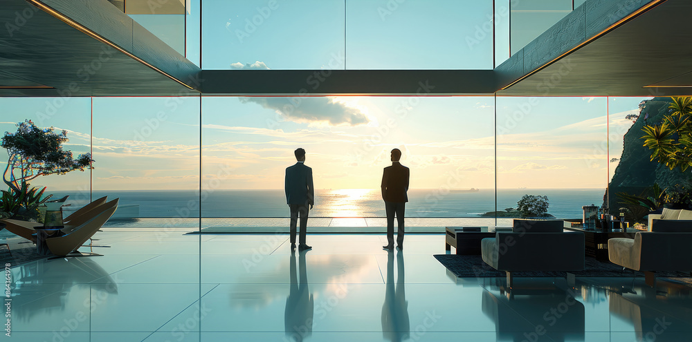Poster several modern chinese men in formal attire in front of the floor-to-ceiling glass in the living roo