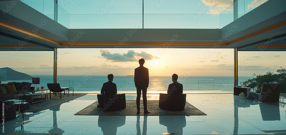 Poster several modern chinese men in formal attire in front of the floor-to-ceiling glass in the living roo