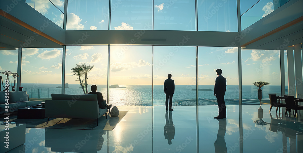 Poster several modern chinese men in formal attire in front of the floor-to-ceiling glass in the living roo