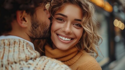 A woman with curly hair and a bright smile is closely embraced by her partner, who gently kisses her cheek, creating a cozy and affectionate moment captured outdoors.