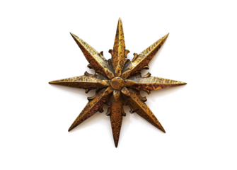 Ornate golden starburst decoration with intricate detailing. Rustic metal star ornament featuring eight pointed rays. Antique brass sunburst wall art piece. Vintage celestial inspired home decor