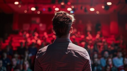Obraz premium man on a stage, about to speak, looking nervous but ready, with an audience in the background