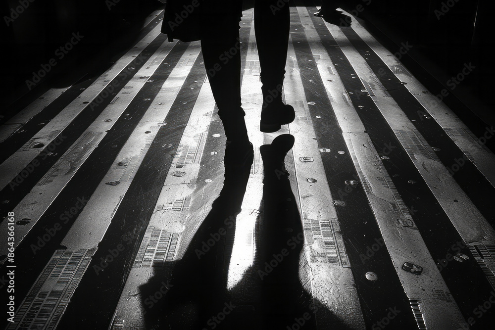Poster silhouette of a person with barcode lines extending from their feet,