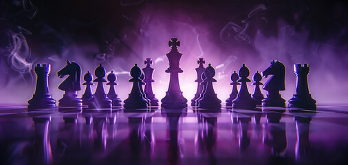 A dark background with chess pieces in purple and black silhouette, minimalist simple shapes, The lighting is dimmed, creating a mysterious atmosphere. Generative AI.