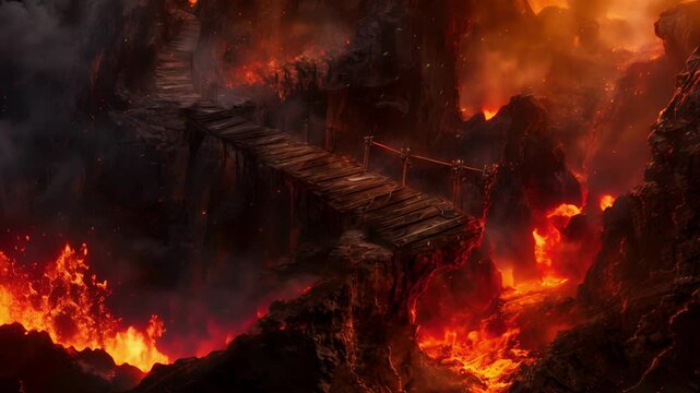 A rickety wooden bridge perched precariously over a fiery pit rumored to be a portal to the underworld.