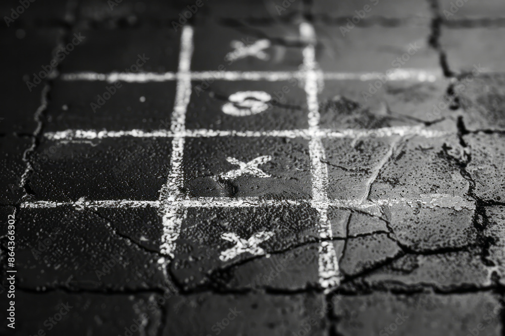 Poster Clean, minimalist tic-tac-toe with lines made of dotted lines and markers as simple circles and squares,
