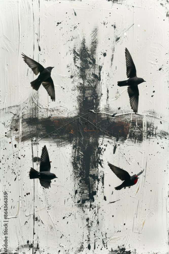 Aufkleber artistic tic-tac-toe with lines as delicate brush strokes and markers as tiny birds,