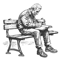 elderly man writing on the book sitting on the park with engraving style