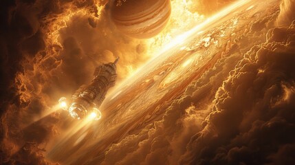 Obraz premium Spaceship journey through fiery gas clouds near distant planet in outer space