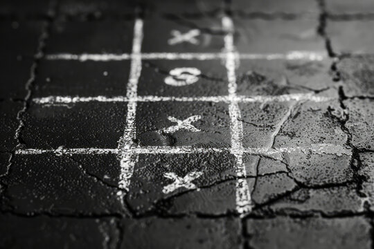 Clean, minimalist tic-tac-toe with lines made of dotted lines and markers as simple circles and squares,