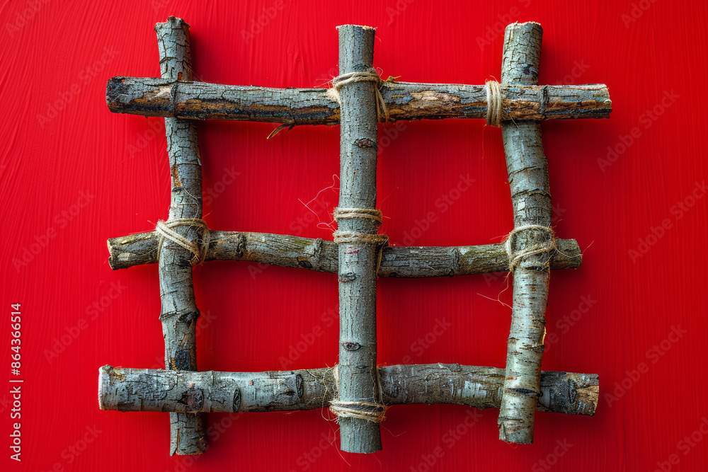 Poster Tic-tac-toe game with lines made of twine and markers as small twigs on a solid background,