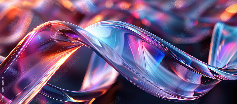 Poster Close-up of colorful glass ribbon in motion on black background, abstract and futuristic style. Abstract and dynamic. Shiny metal with reflection, light refraction and blur effect. Generative AI.