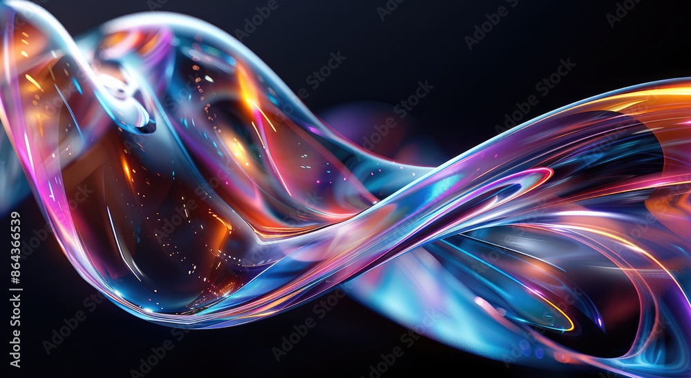 Fototapete close-up of colorful glass ribbon in motion on black background, abstract and futuristic style. abst