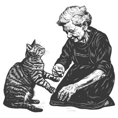 elderly woman activities with cat with engraving style