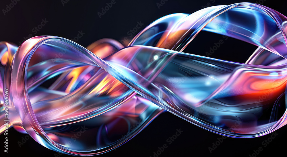 Fototapete close-up of colorful glass ribbon in motion on black background, abstract and futuristic style. abst