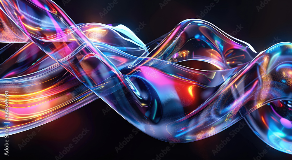 Fototapete Close-up of colorful glass ribbon in motion on black background, abstract and futuristic style. Abstract and dynamic. Shiny metal with reflection, light refraction and blur effect. Generative AI.