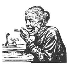 elderly woman brushing his teeth in front of the sink with engraving style