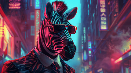 Zebra in Suit Crossing Futuristic Street
