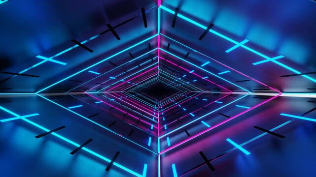 Abstract illustration blue neon visual dynamic Loop Background of endless Parallelogram tunnel